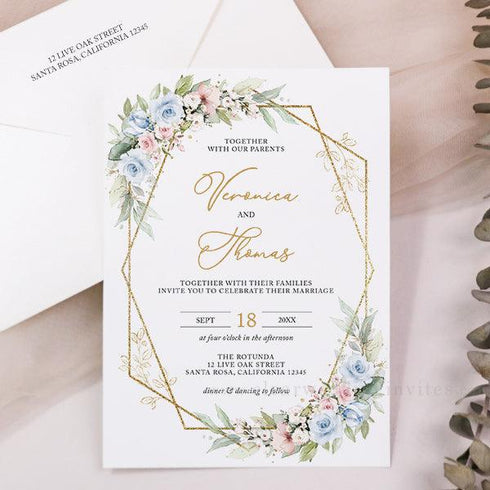 Light Dusty Blue Blush Pink Gold Floral Vellum Wedding Invitation CWIV45